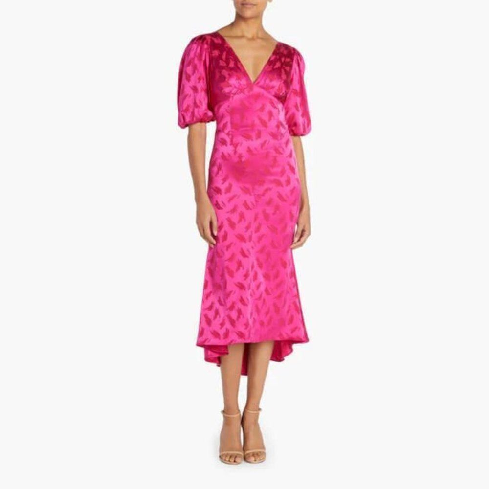 Ronny Kobo Teresa Jacquard Pink Floral Silk Puff Sleeve Midi Dress